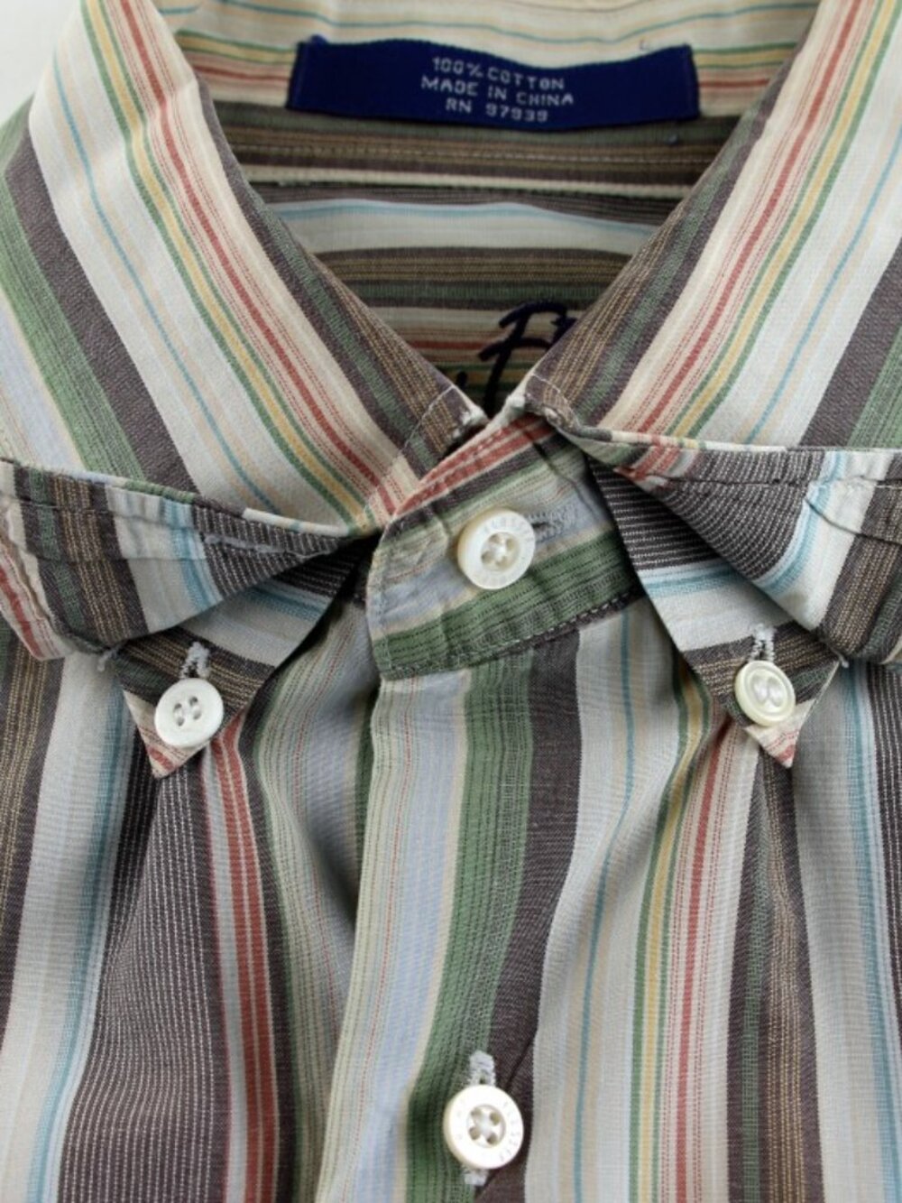 ALAN FLUSSER Tan w/green, brown, yellow & orange stripes 100% Cotton Size M - Picture 4 of 6